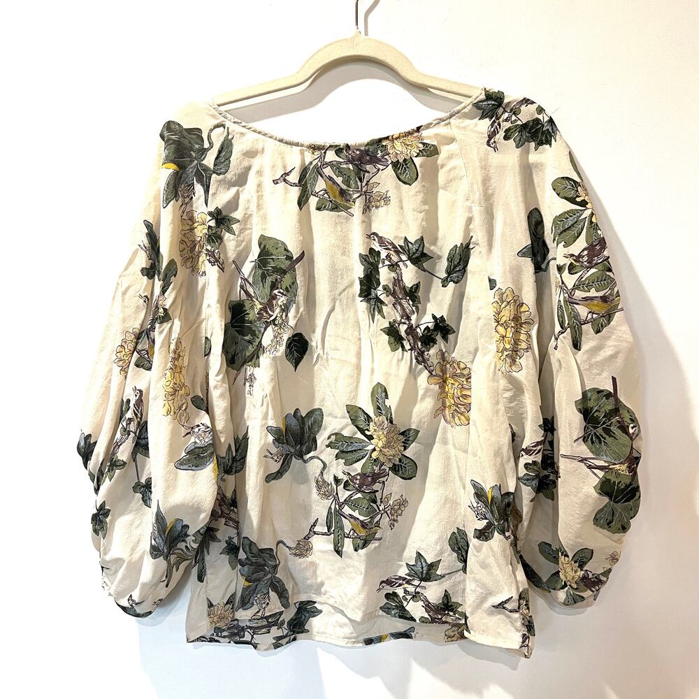 Anthropologie Dil 100% sheer silk peasant top Sz 10 ivory birds boho bohemian